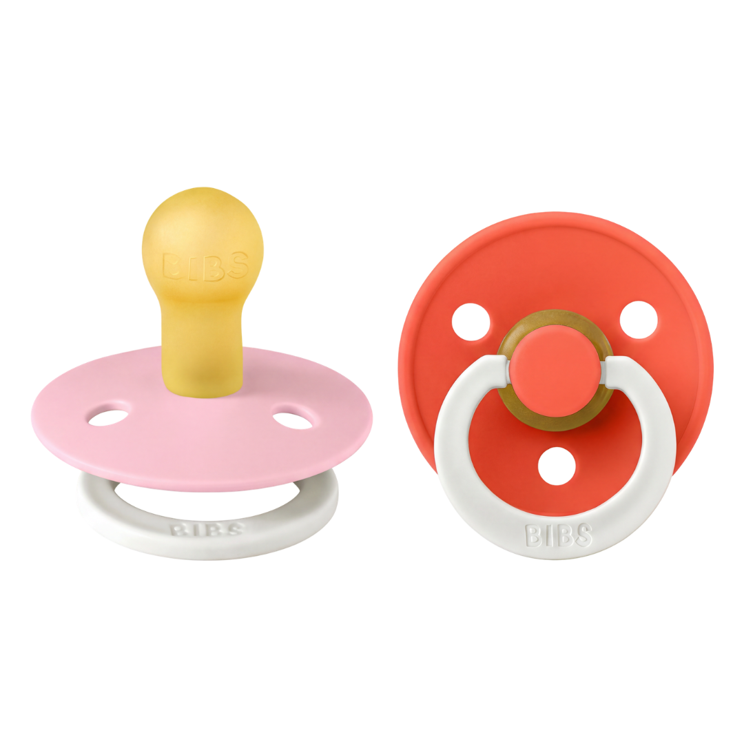 BIBS - Set 2 suzete fosforescente Colour Glow Latex, tetina rotunda, 0 luni +-Baby Pink/Tango