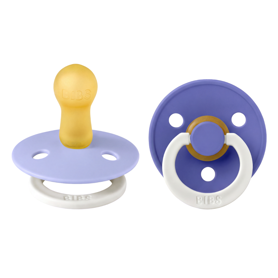 BIBS - Set 2 suzete fosforescente Colour Glow Latex, tetina rotunda, 6 luni +-Hush/Grape