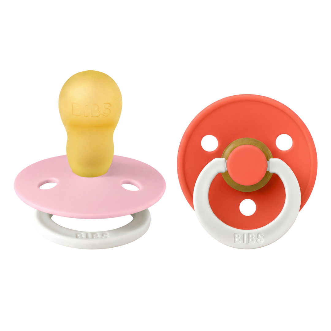 BIBS - Set 2 suzete fosforescente Colour Glow Latex, tetina rotunda, 18 luni +-Baby Pink/Tango