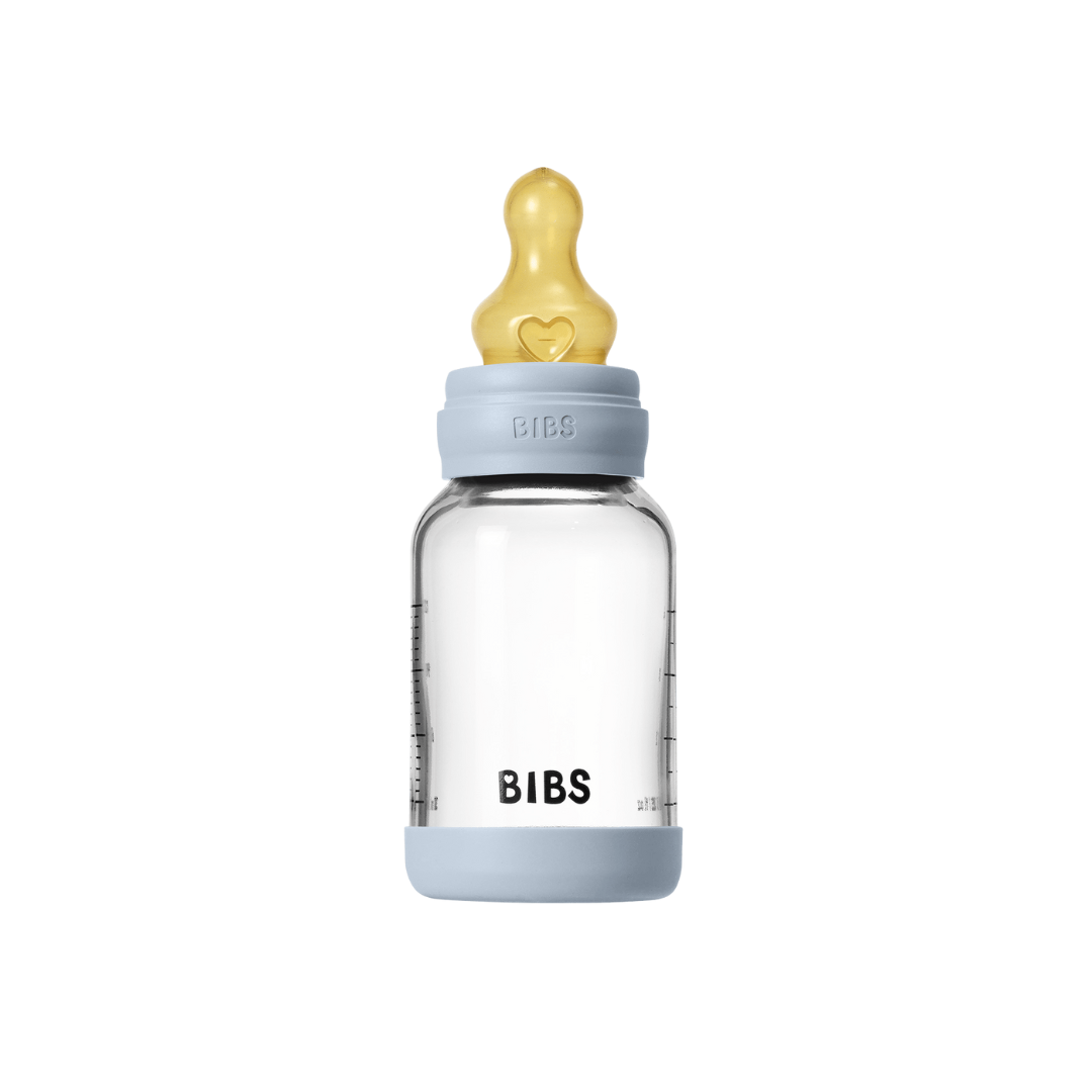 BIBS - Set complet biberon din sticla anticolici cu tetina din latex, flux lent, 120 ml, Baby Blue