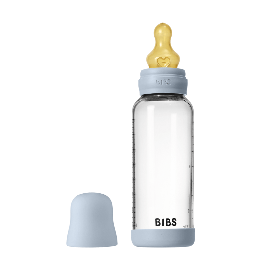 BIBS - Set complet biberon din sticla anticolici cu tetina din latex, flux mediu, 240 ml, Baby Blue