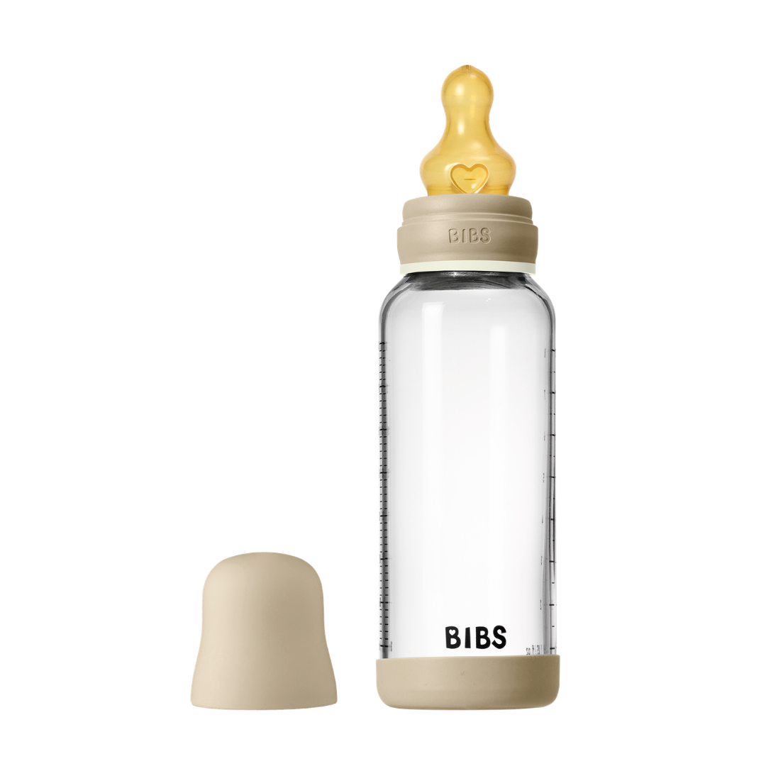 BIBS - Set complet biberon fosforescent din sticla anticolici cu tetina din latex, flux mediu, 240 ml, Vanilla Glow