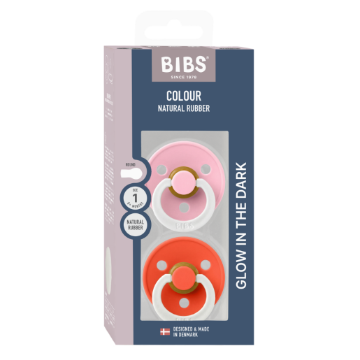 BIBS - Set 2 suzete fosforescente Colour Glow Latex, tetina rotunda, 0 luni +