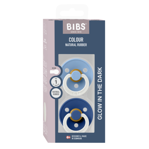 BIBS - Set 2 suzete fosforescente Colour Glow Latex, tetina rotunda, 0 luni +