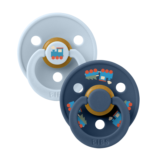 BIBS - Set 2 suzete Colour Studio Collection Holiday Train Steel, tetina rotunda, 6 luni+, Baby Blue