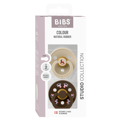BIBS - Set 2 suzete Colour Studio Collection Holiday Horse, tetina rotunda, 6 luni+, Vanilla/Mocha