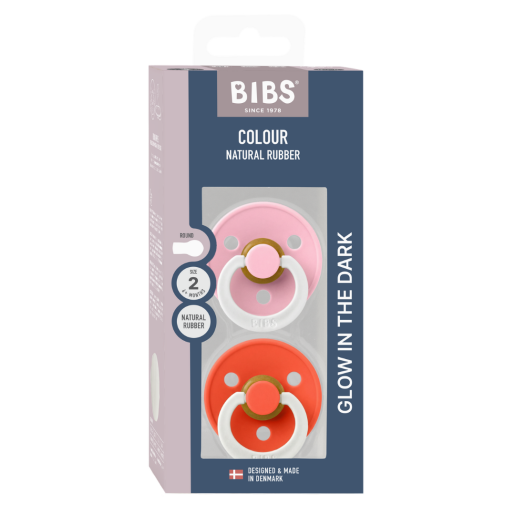 BIBS - Set 2 suzete fosforescente Colour Glow Latex, tetina rotunda, 6 luni +