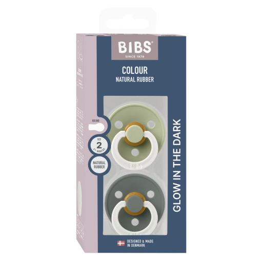 BIBS - Set 2 suzete fosforescente Colour Glow Latex, tetina rotunda, 6 luni +