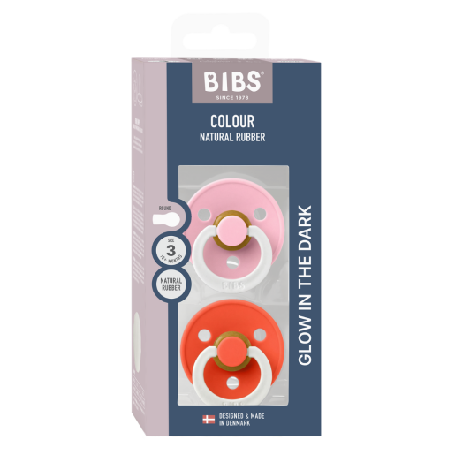 BIBS - Set 2 suzete fosforescente Colour Glow Latex, tetina rotunda, 18 luni +