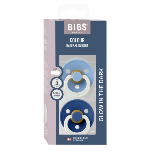 BIBS - Set 2 suzete fosforescente Colour Glow Latex, tetina rotunda, 18 luni +