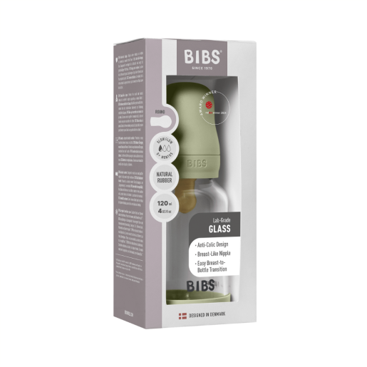 BIBS - Set complet biberon din sticla anticolici cu tetina din latex, flux lent, 120 ml, Sage