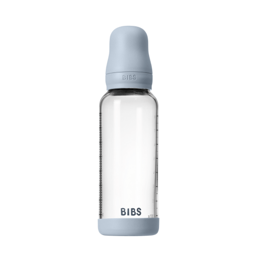BIBS - Set complet biberon din sticla anticolici cu tetina din latex, flux mediu, 240 ml, Baby Blue