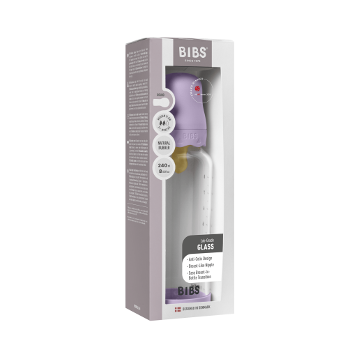 BIBS - Set complet biberon Boheme din sticla anticolici cu tetina din latex, flux mediu, 240 ml, Violet Sky