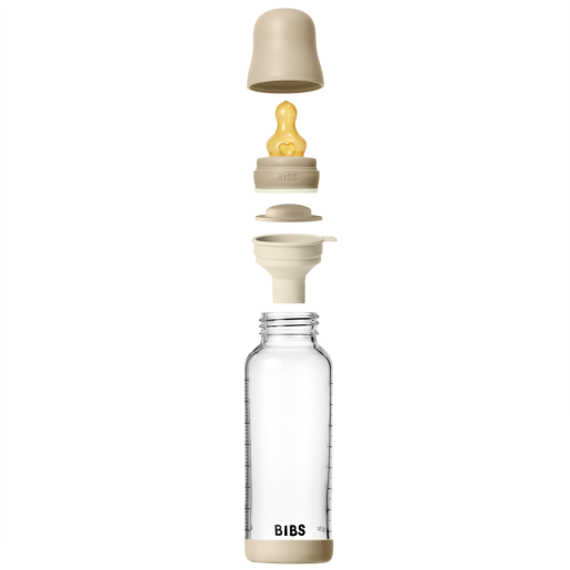 BIBS - Set complet biberon fosforescent din sticla anticolici cu tetina din latex, flux mediu, 240 ml, Vanilla Glow