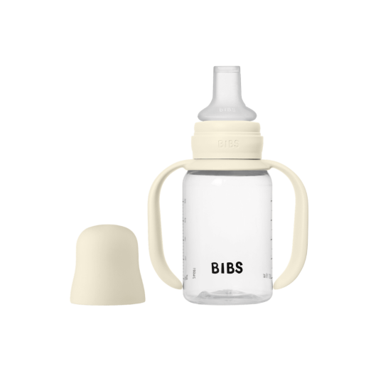 BIBS - Set biberon tip Sippy Cup PP 150 ml cu cioc din silicon și sistem antipicurare, Ivory