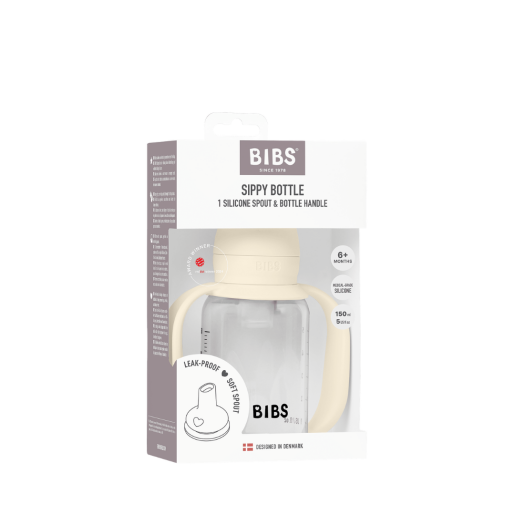 BIBS - Set biberon tip Sippy Cup PP 150 ml cu cioc din silicon și sistem antipicurare, Ivory