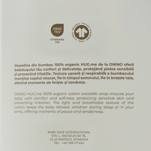 ONINO - Muselina multifunctionala din bumbac 100% organic, HUG.me, Creamy Vanilla, x1 bucata, 120 x 120 cm, certificata GOTS