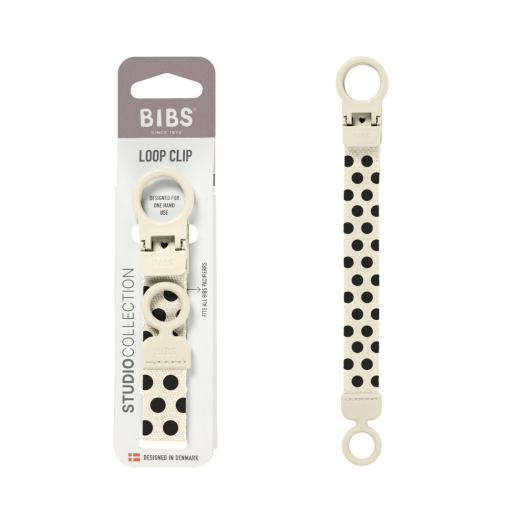 BIBS - Lantisor clip Loop pentru suzeta, Studio Collection Polka Dots, Ivory Black