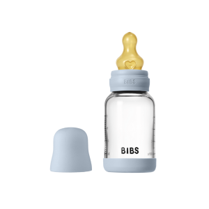 BIBS - Set complet biberon din sticla anticolici cu tetina din latex, flux lent, 120 ml, Baby Blue
