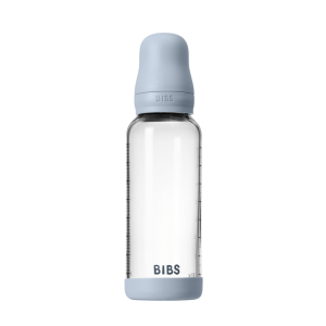 BIBS - Set complet biberon din sticla anticolici cu tetina din latex, flux mediu, 240 ml, Baby Blue