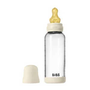 BIBS - Set complet biberon din sticla anticolici cu tetina din latex, flux mediu, 240 ml, Ivory