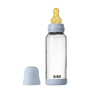 BIBS - Set complet biberon din sticla anticolici cu tetina din latex, flux mediu, 240 ml, Baby Blue
