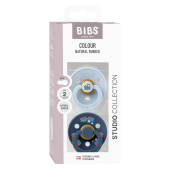 BIBS - Set 2 suzete Colour Studio Collection Holiday Train Steel, tetina rotunda, 6 luni+, Baby Blue