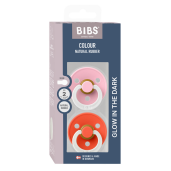 BIBS - Set 2 suzete fosforescente Colour Glow Latex, tetina rotunda, 6 luni +
