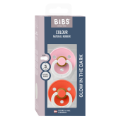 BIBS - Set 2 suzete fosforescente Colour Glow Latex, tetina rotunda, 18 luni +