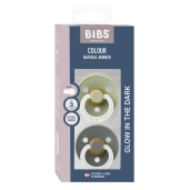 BIBS - Set 2 suzete fosforescente Colour Glow Latex, tetina rotunda, 18 luni +